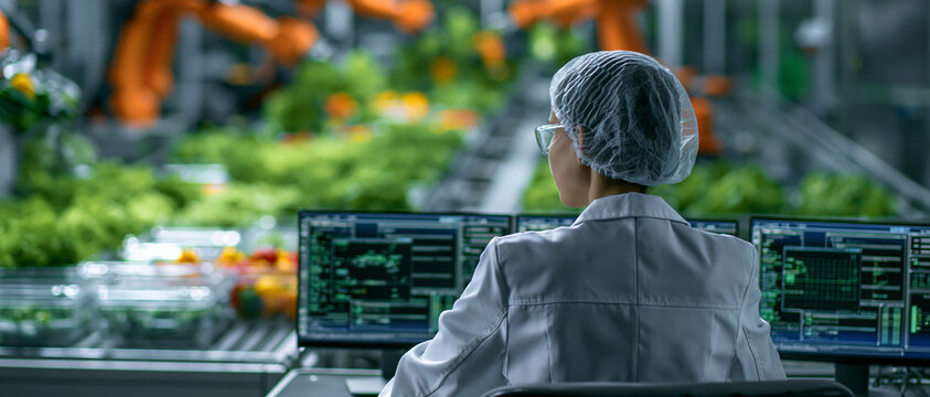 > Industrie agroalimentaire 4.0 : Ing&eacute;nieure en contr&ocirc;le qualit&eacute; surveillant des tableaux de bord IoT dans une usine intelligente d'emballage de l&eacute;gumes frais automatis&eacute;e par des robots