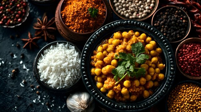 Traditional Indian chana masala chickpea curry served with fluffy white rice and various aromatic spices
