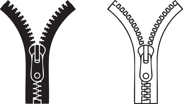 Open Clothing Zippers Fashion Fasteners Solid and Outline Vector Silhouettes