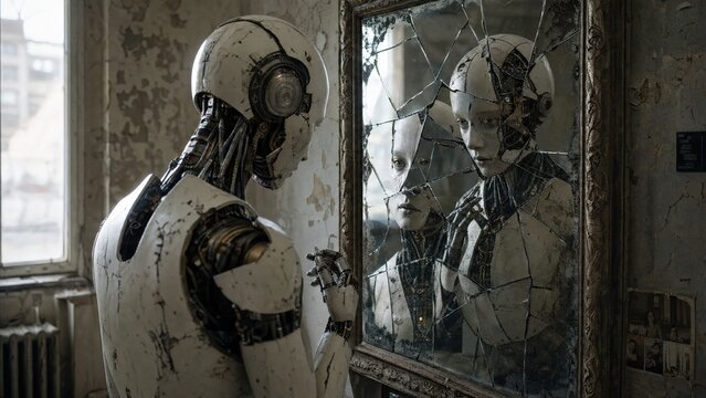 Android woman looking at reflection in broken mirror. Cybernetic robot contemplating identity and existence. Future science fiction concept of artificial intelligence with human appearance.