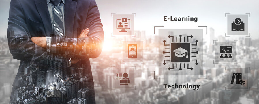 A business professional stands confidently with crossed arms against a city skyline, highlighting e-learning and technology concepts that shape modern education and innovation trends. Cyphers