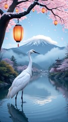 Naklejka premium Majestic White Crane Standing on Misty Lake in Japan