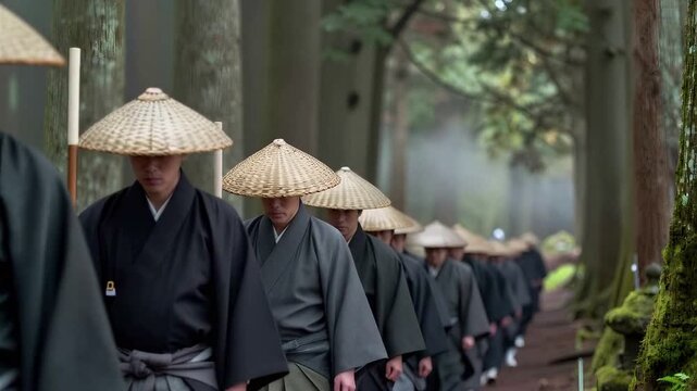 Procession of Japanese Buddhist Monks Walking Through Sacred Forest Temple Path, 4K,. Copy space on the right, Cowboy shot