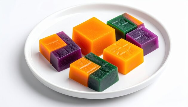 Vibrant Fruit Paste Squares in Precise Geometric Shapes Presented on a Clean White Plate