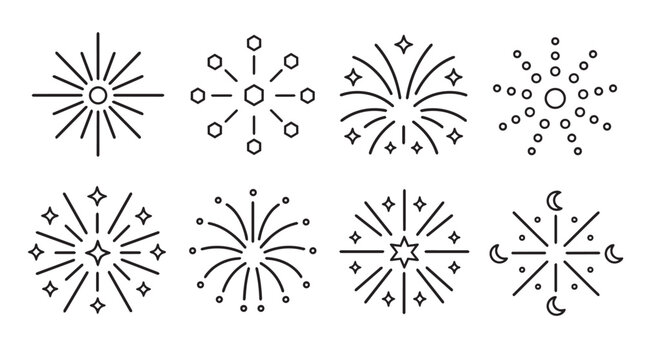 Set of black outline firework and starburst icons vector