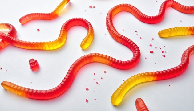 Vibrant Gummy Strawberry Worms Coiled in Abstract Shapes Scattered on a Light Surface