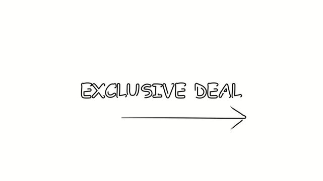 Exclusive deal. Contour drawing business text animation with arrow, direction. Continuous line word. Isolated message on white. Video 4k object illustration self-drawing. Minimalist continuous line dr