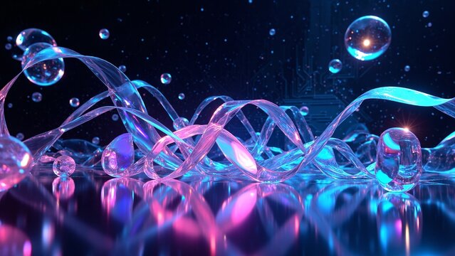Abstract Futuristic Iridescent Glass Ribbons on Dark Tech Background