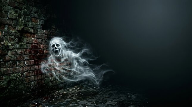 Ghost Emerging from Brick Wall: A spooky, glowing spectral skull apparition floating out of a dark, ruined brick wall surrounded by an eerie blue light and smoke