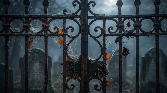 Spooky Graveyard Gate: A rusted wrought-iron gate covered in spider webs and autumn leaves stands before a foggy, dark cemetery filled with tombstones