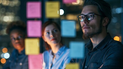 Fototapeta premium Medium shot of diverse remote strategy team focused on pastel sticky notes clustered on a glass wall whiteboard soft city lights glowing in the background during quiet nighttime.
