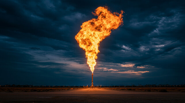 Gas flaring at night in an oil field under a cloudy sky