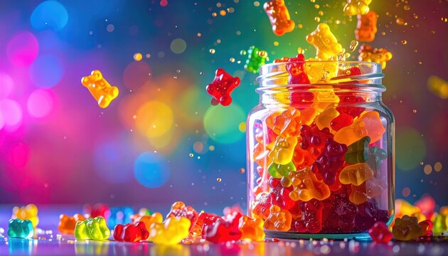 Vibrant rainbow gummy bears tumbling out of a transparent jar, creating a burst of color and sweetness