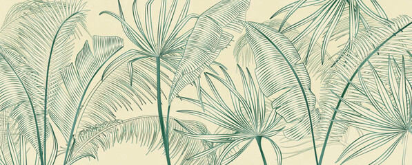 Fototapeta premium Luxury botanical background with hand-drawn line art tropical leaves. Vector banner with exotic plants for decor, prints, wallpaper, posters, and other designs.