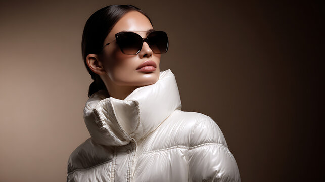 Elegant woman in stylish sunglasses and a warm white puffer jacket, looking away with a composed expression against a subdued background, exuding fashion and luxury