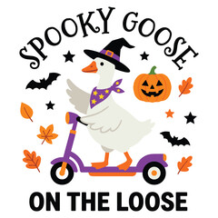 Spooky goose on the loose halloween illustration with witch hat pumpkin and scooter fun art. © MdJubayer