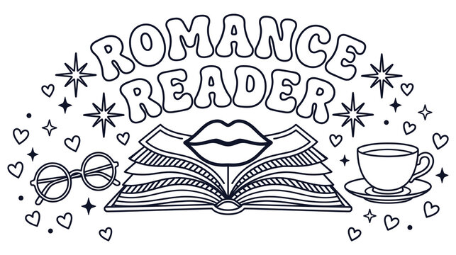 Romance reader line art with open book lips glasses and tea cup for bibliophiles and fans.