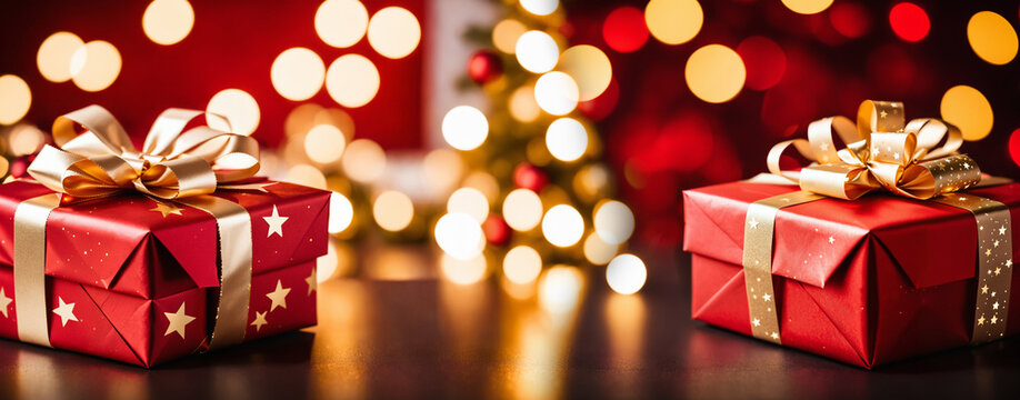 two red gift boxes decorated with golden stars and ribbons resting on a dark surface against a blurred christmas tree with warm glowing bokeh lights.