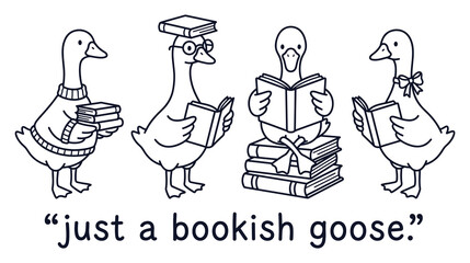 Cute cartoon geese reading books and wearing accessories isolated on white background art. © MdJubayer