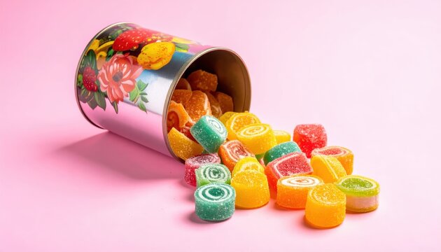 Vibrantly colored fruit chewy candies spilling out of a decorative tin onto a pink background