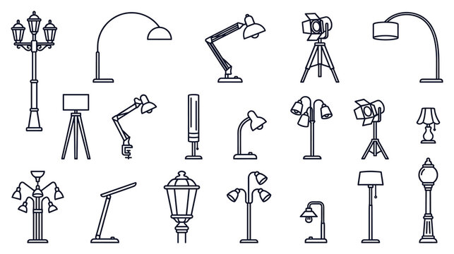 Various lamps and lighting fixtures including street lamps and desk lamps.