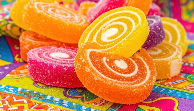 Vibrantly colored fruit flavored rolled candies scattered and piled high, showcasing sugary spirals and glistening textures