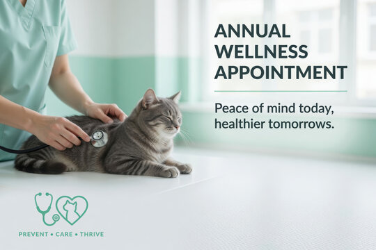 Veterinary clinic cat checkup pet health annual wellness animal care vet appointment stethoscope exam feline patient preventive care medical consultation calm feline patient during annual wellness
