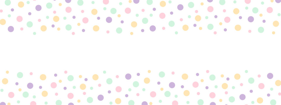 Top and bottom borders with cute colorful dots print. Polka dot background. Falling confetti pattern. Birthday celebration banner. Happy vibes wallpaper. Vector flat illustration.