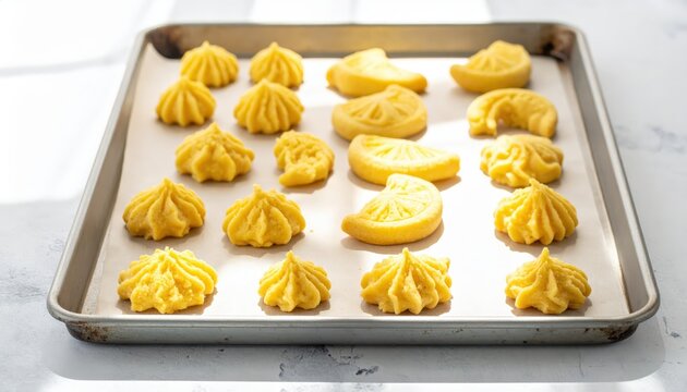 Zesty Lemon Zest Infused Shortbread Cookies Shaped Like Miniature Fruits Displayed on a Baking Sheet