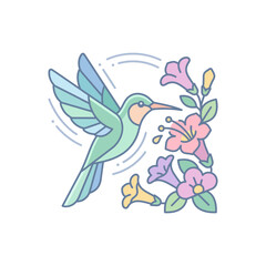 Obraz premium Hummingbird Flying Near Blooming Flowers, Delicate Line Art Illustration