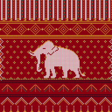 Ethnic Elephant Seamless Pattern Crimson Gold Hand Woven Cross Stitch Supplementary Weft Diamond Folk Textile Sarong Southeast Asian Vector