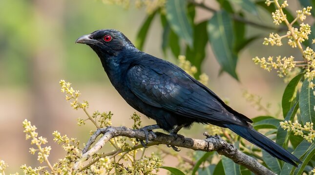 Asian Koel Black Bird Perched on Tree