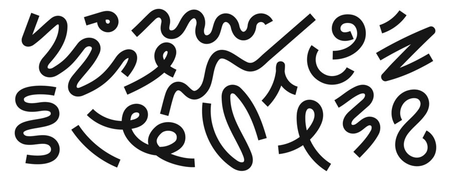 Set of black hand-drawn curvy lines. Different squiggles and loops in trendy spline style. Organic doodle figures isolated on white background. Vector graphic illustration.