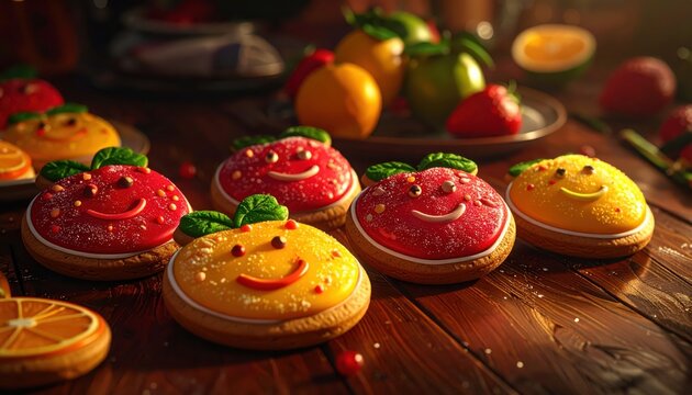 Whimsical Frosted Gingerbread Cookies Shaped Like Cheerful Fruits with Smiling Faces