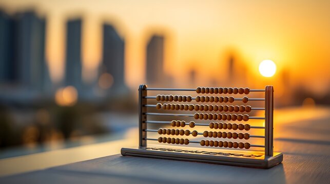 Elegant abacus on a rooftop desk at sunset with a city skyline background and ambient lighting, representing modern intelligence, education, and professional success.