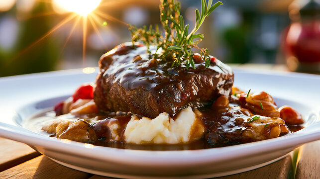 Delicious meat topped with a dark brown sauce, served with mashed potatoes