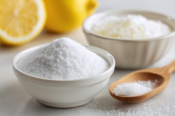 Fototapeta premium Close up of two white bowls filled with white crystalline salt and a wooden scoop next to sliced lemons and a whole lemon on a white marble surface with soft natural lighting