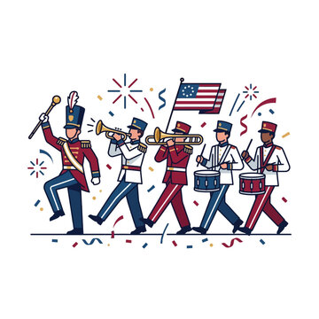 American Marching Band Parade with US Flag and Confetti