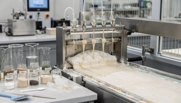 Medium shot of lab pilot line showcasing biobased gypsum board additives with plantderived binders being integrated into core formulations in a controlled environment.