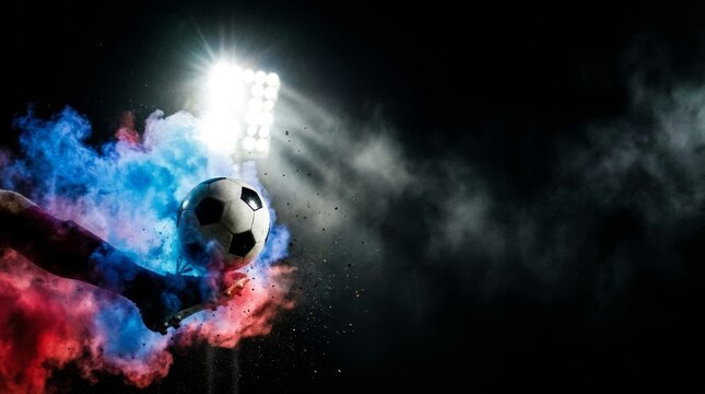 soccer player kicked the ball in stadium with smoke and bright light