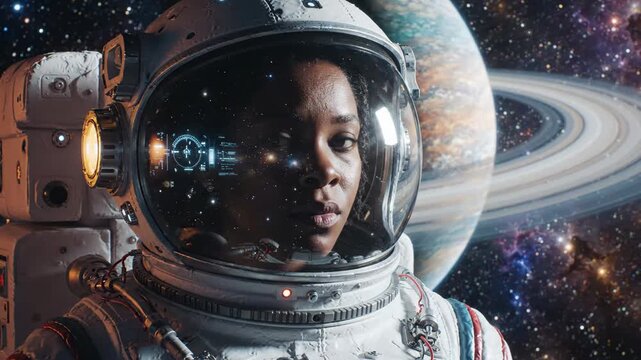 Female Astronaut Explores Cosmic Wonders of Saturn and Galaxy, Embracing Technology and Adventure in Vast Universe of Space Exploration