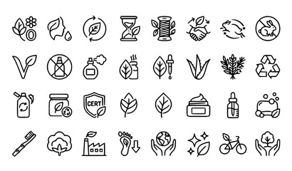 Obraz premium Organic Cosmetics Line Icon Collection with Eco Beauty Sustainable Fashion and Natural Skincare Outline Symbols