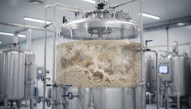 Medium shot capturing a production fermenter in operation filled with active microbes producing biological agents for sustainable crop protection.