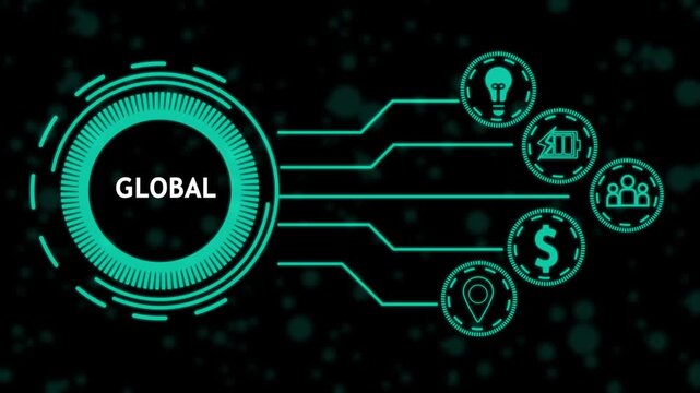 Futuristic graphic presentation of global logo with digital user interface design.4K