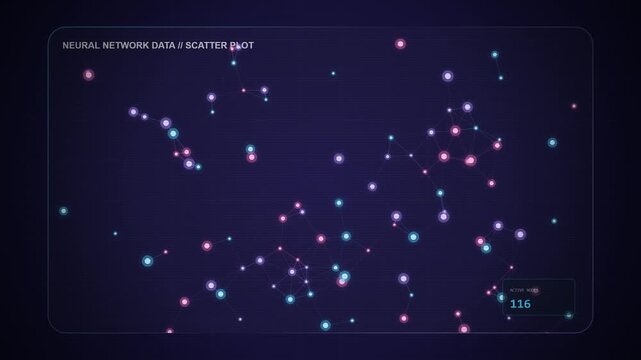 Glowing constellation scatter plot network animation seamless loop, glassmorphism data science and neural network background