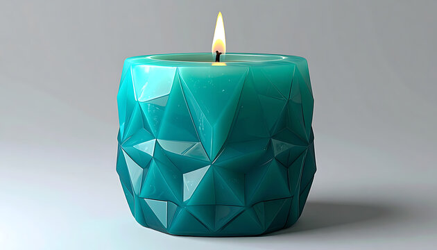 Teal geometric textured candle with burning flame on neutral background.