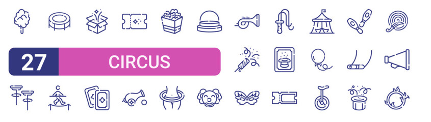 Set of 27 linear Circus icons for web projects, mobile apps and interface menus. Vector icon set including spinning plates, magic box, popcron, et, ticket office and ring finger. © Lucas