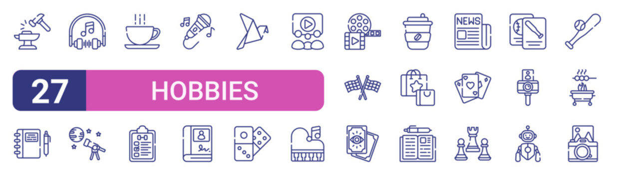 Set of 27 linear Hobbies icons for web projects, mobile apps and interface menus. Vector icon set including notebook, coffee mug, origami, cinema, reading and photo camera.