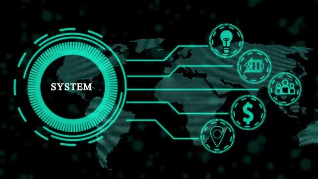Futuristic graphic presentation of system logo with digital user interface design.4K