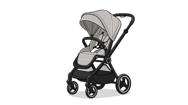 Modern Gray Baby Stroller with Canopy and Safety Harness on White Background Vector Illustration